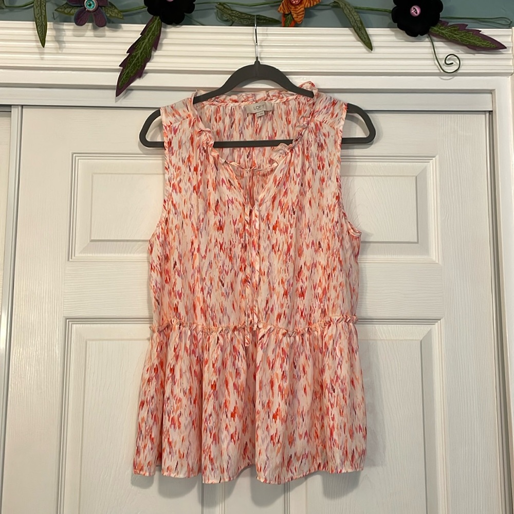 LOFT Outlet coral orange white flowy tank with front tie. L.
